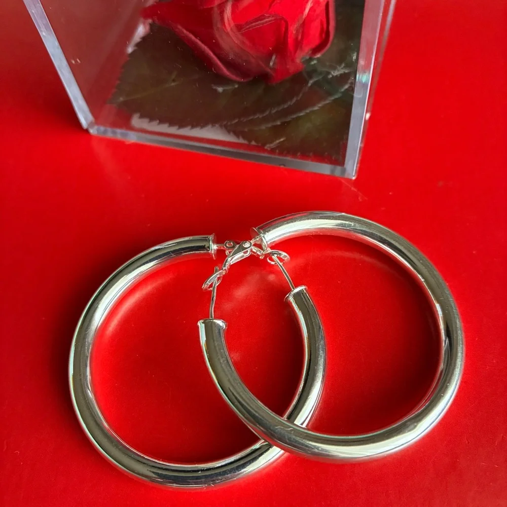925 Silver Earrings,Classic Chunky Hoop Earrings in Silver
